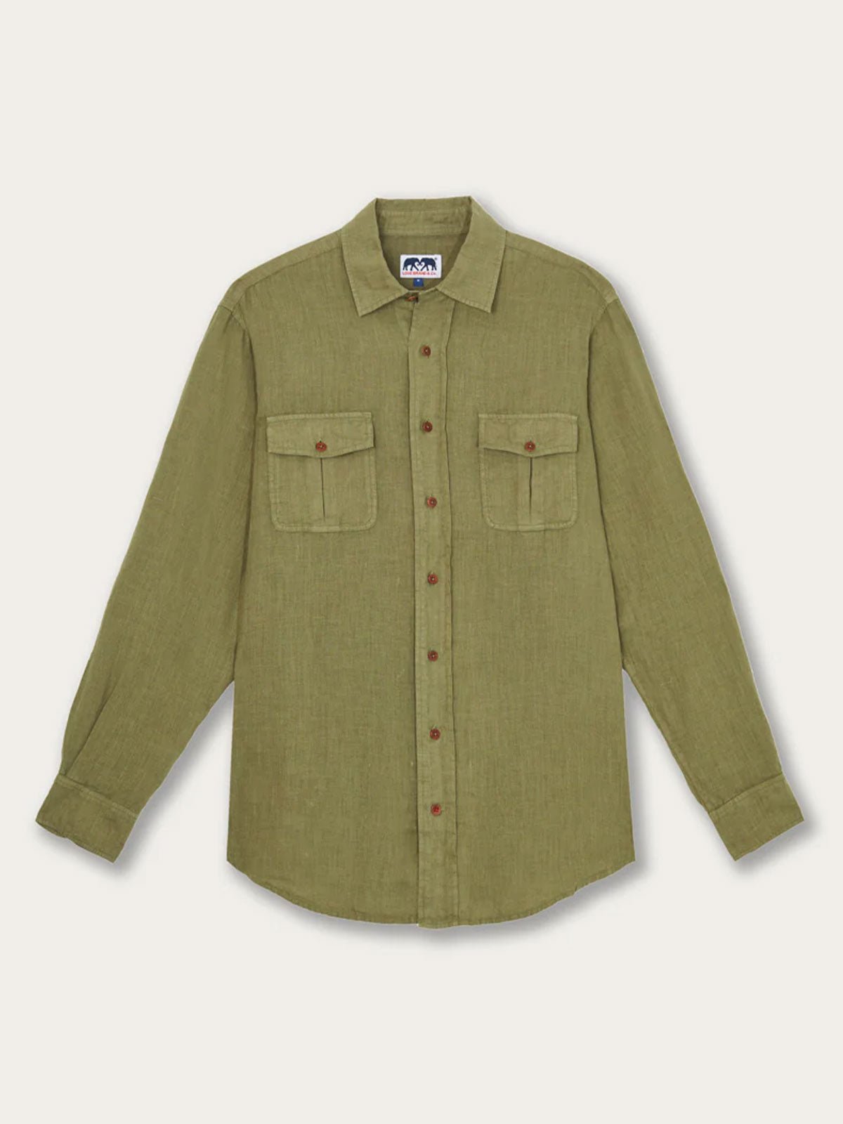 Men's Olive Green Andros Hemp Shirt with long sleeves, button-down front, and pleated double chest pockets.