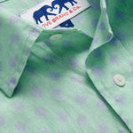 Close-up of Men's Palm Days Abaco Linen Shirt collar. Green and blue mens linen shirt. Long-sleeved, button-up shirt with classic collar.