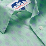 Close-up of Men's Palm Days Abaco Linen Shirt collar. Green and blue mens linen shirt. Long-sleeved, button-up shirt with classic collar.