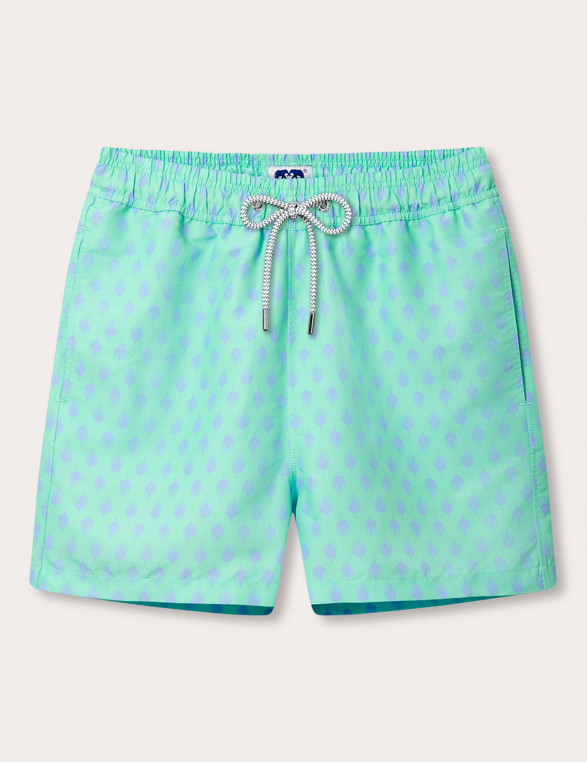 Mens Palm Days Staniel Swim Shorts by love brand & co. Mens swimming shorts with 2 pockets and drawstring waist in a blue and green palm tree print.