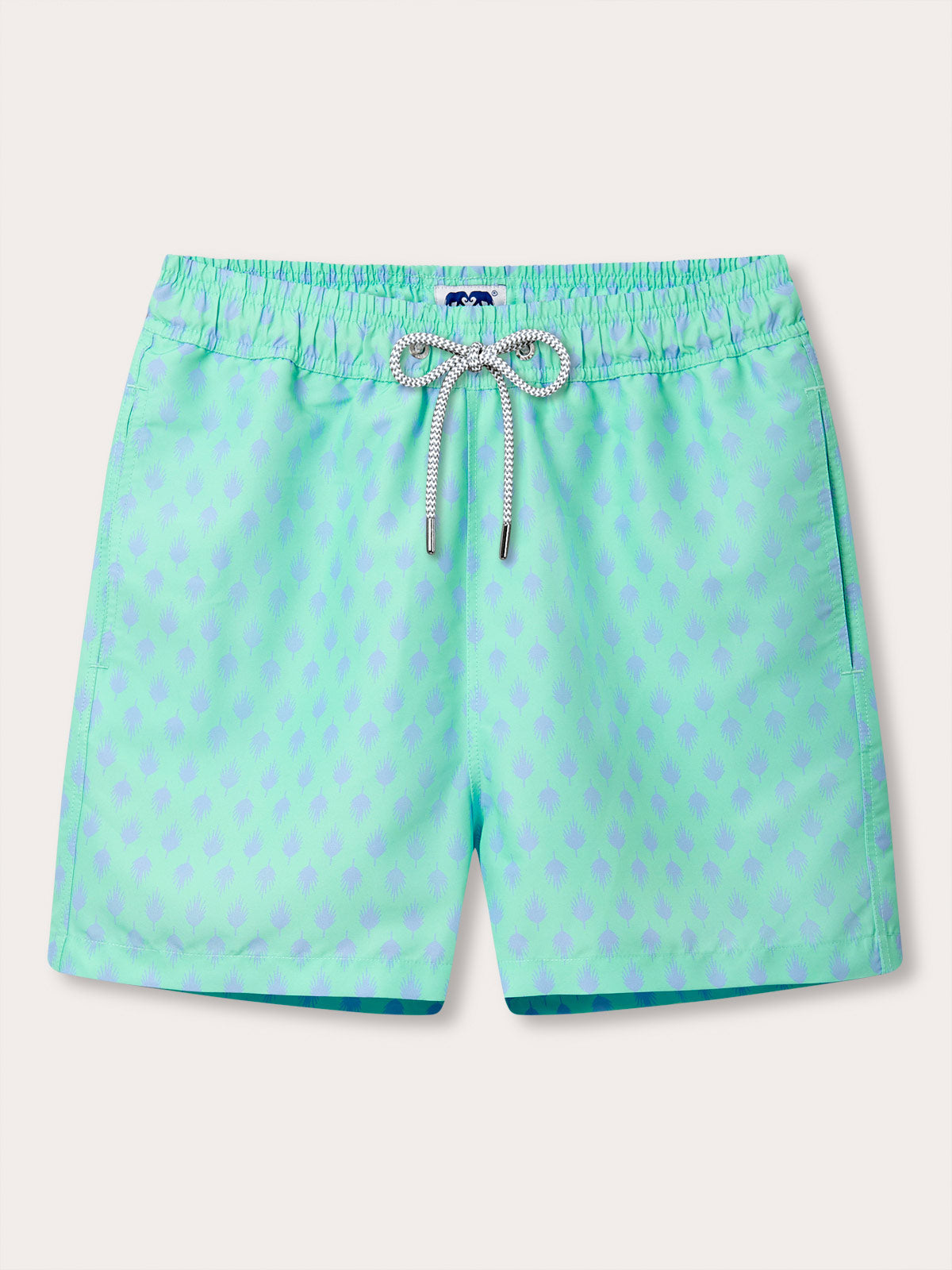 Mens Palm Days Staniel Swim Shorts by love brand & co. Mens swimming shorts with 2 pockets and drawstring waist in a blue and green palm tree print.