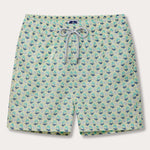 Palm Sugar mens patterned swim shorts front view. The design features a pattern of palm leaves in blue and green on top of a murky green background.