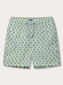 Men's Palm Sugar Staniel Swim Shorts with fan palm design, pale yellow and blue accents, crafted from 100% recycled and quick-dry materials.