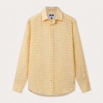 Men's Palm Sundowner Abaco Linen Shirt by love brand & co. Yellow and orange patterned shirt with classic collar and long-sleeves. Button-up design made from 100% linen.