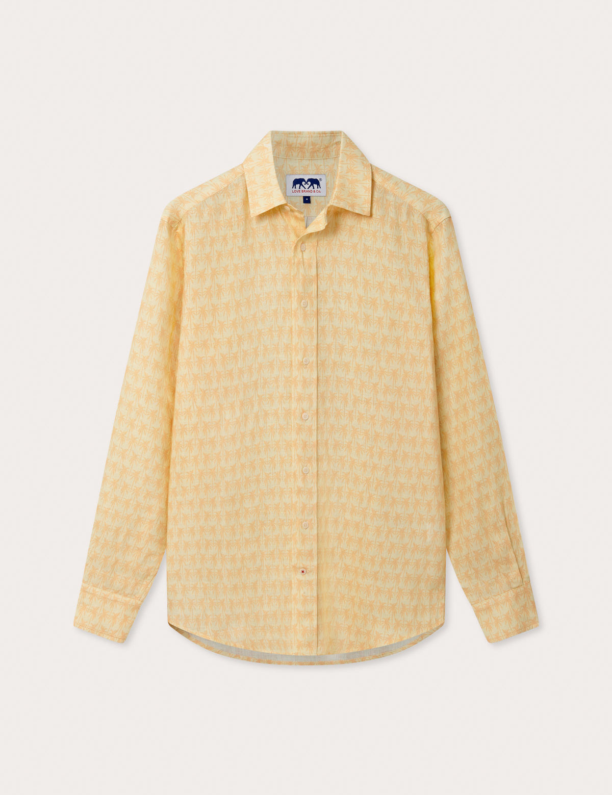 Men's Palm Sundowner Abaco Linen Shirt by love brand & co. Yellow and orange patterned shirt with classic collar and long-sleeves. Button-up design made from 100% linen.