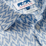 Men's Parrot Paradise Abaco Linen Shirt by LOVE BRAND & Co. Blue and white long-sleeved mens linen shirt with button up design.