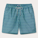 Front view of Men's Parrot Paradise Staniel Swim Shorts. Green swimming shorts with a blue parrot pattern with drawstring waist and pockets.