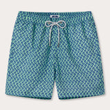 Front view of Men's Parrot Paradise Staniel Swim Shorts. Green swimming shorts with a blue parrot pattern with drawstring waist and pockets.