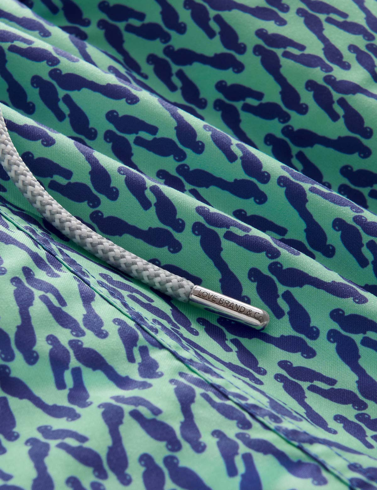 Detailed view of Men's Parrot Paradise Staniel Swim Shorts. Close-up view of drawstring and parrot patterned design.