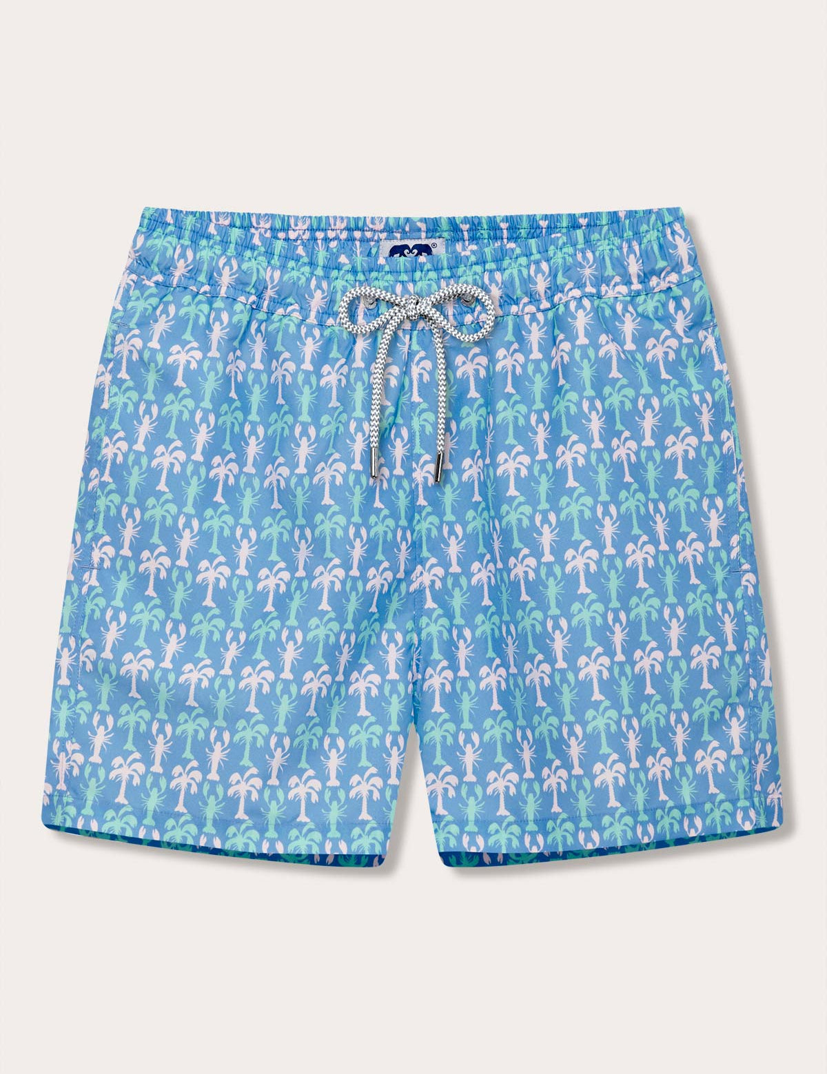 Men's patterned swim shorts featuring dancing lobsters and swaying palm trees on a blue background.