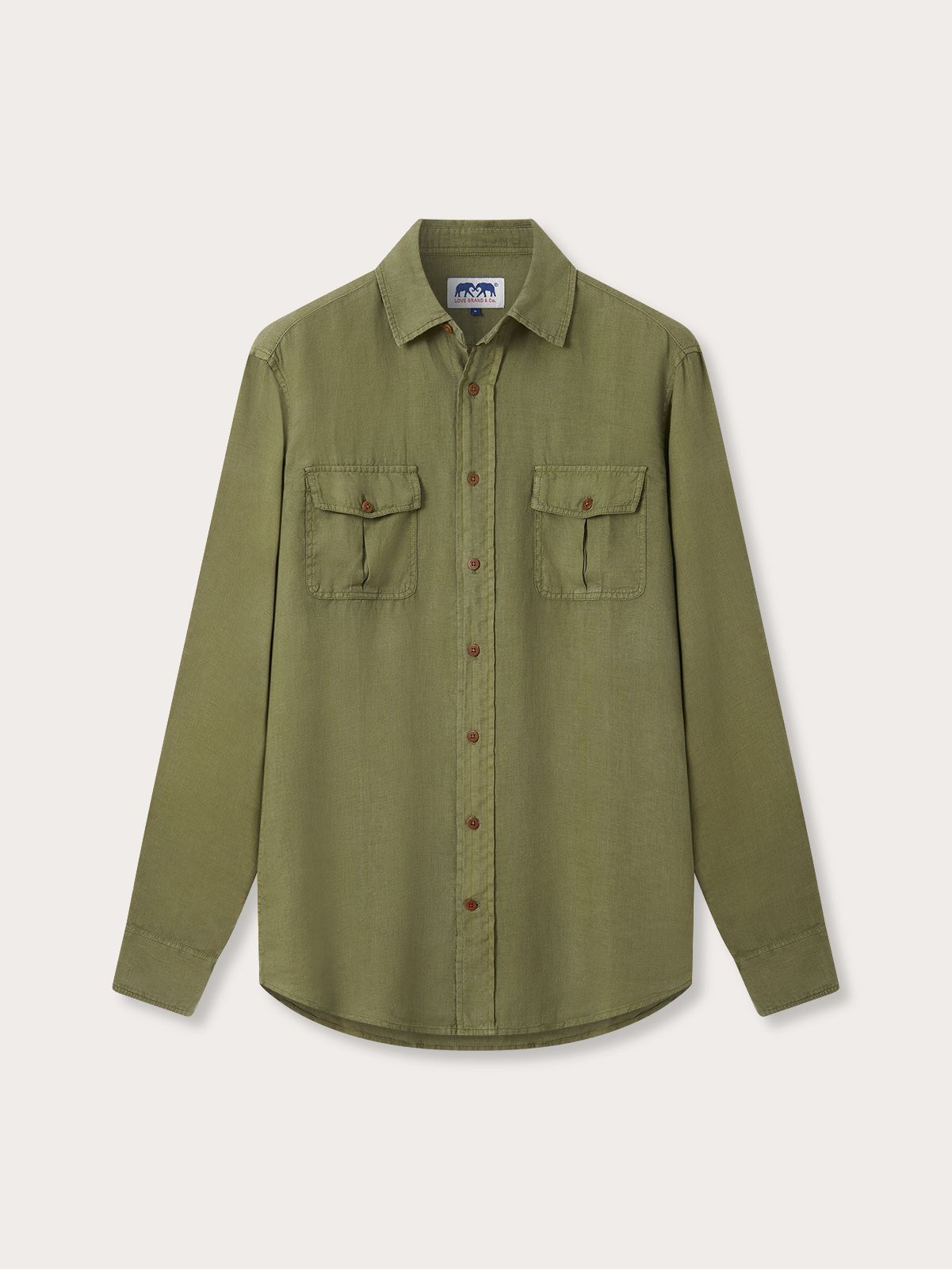 front view of olive green hemp shirt with button-up design and two breast pockets 