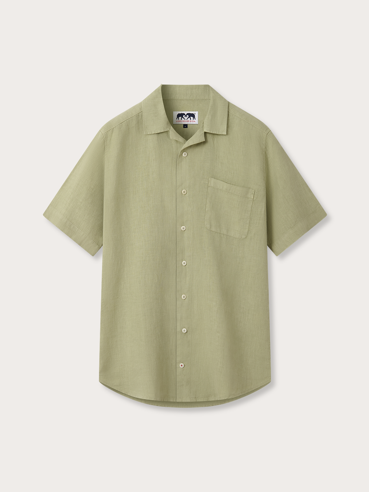Front view of men's short sleeved green shirt with left breast pocket