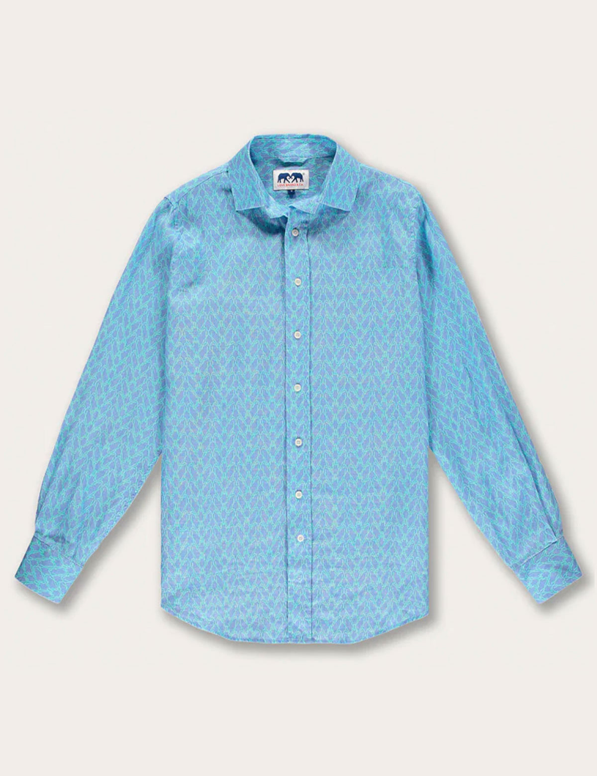 Men's Posidonia y el Mar Abaco Linen Shirt featuring a hand-sketched sea grass print in blue and aqua green.