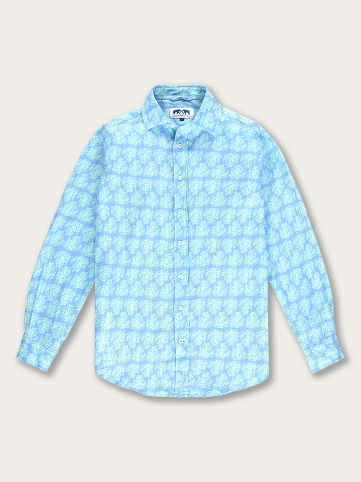A men's long-sleeve linen shirt with a blue and white geometric pattern.