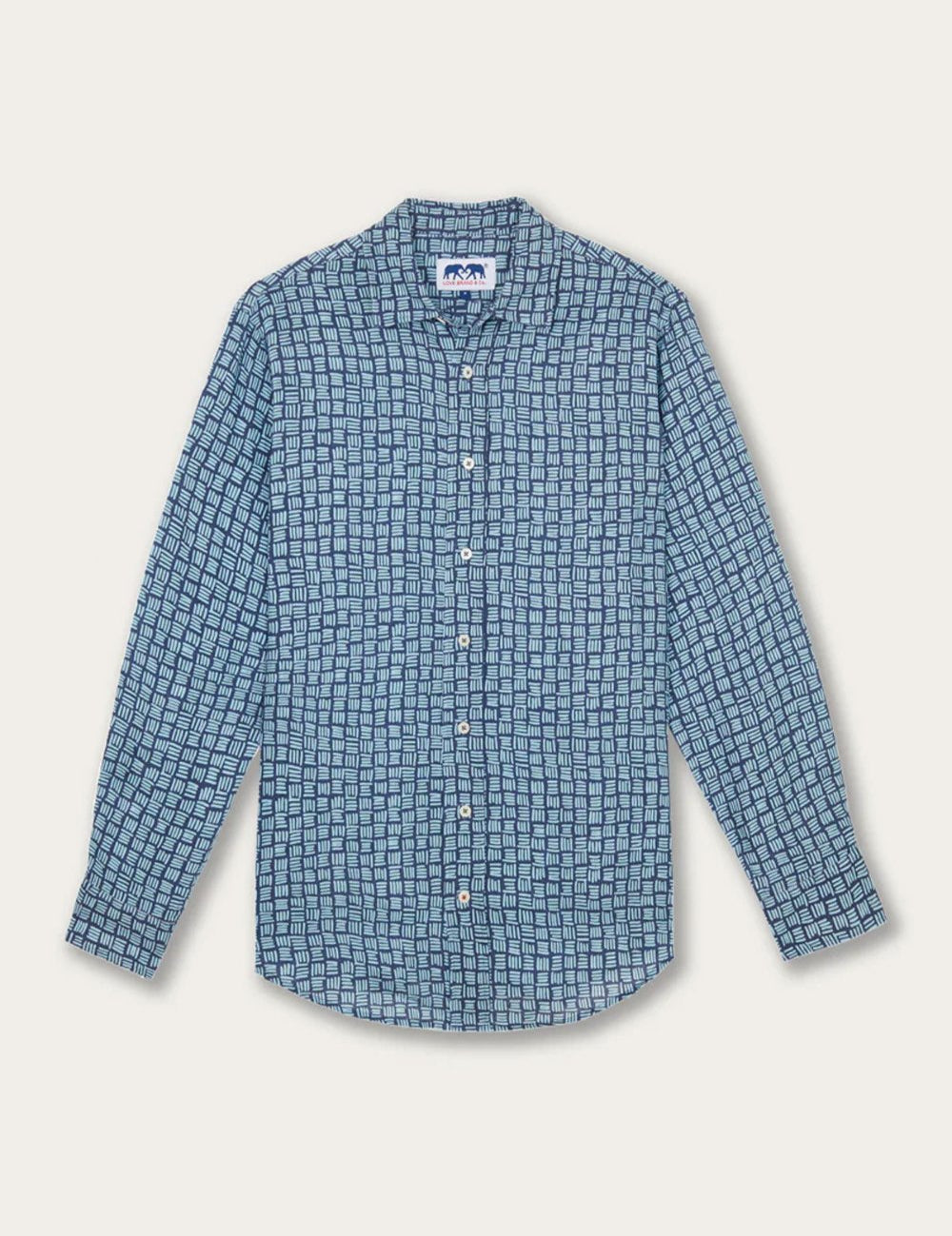 Men's Sea Weave Abaco Linen Shirt in blue with a square checkered pattern laid flat.