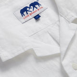 Men's White Normans Linen Shirt. Short sleeved mens linen shirt with camp collar and two double breast pockets.