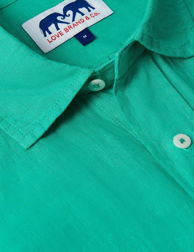 Men's Sicilian Green Abaco Linen Shirt with collar detail and Love Brand & Co. label.