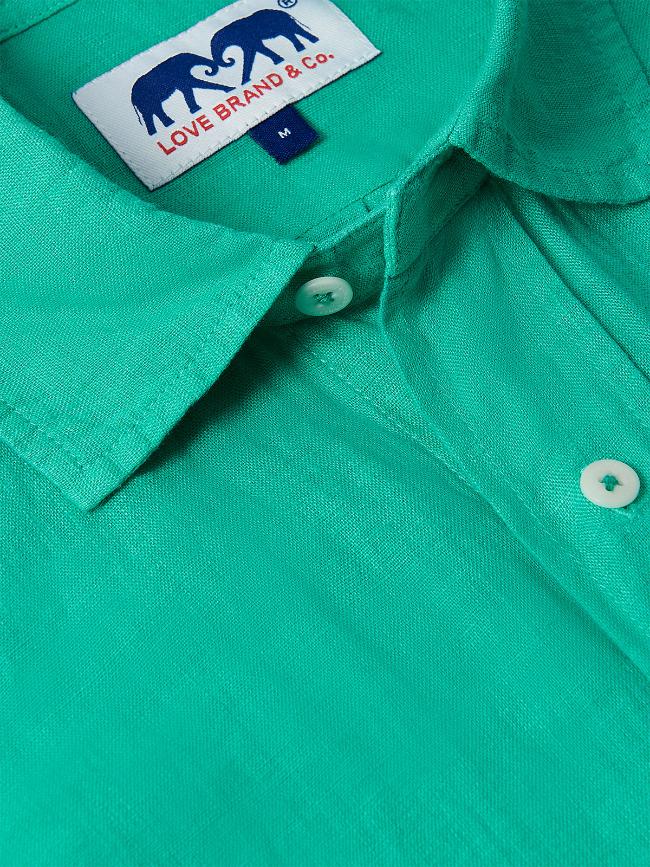 Men's Sicilian Green Abaco Linen Shirt with collar detail and Love Brand & Co. label.