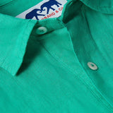 Men's Sicilian Green Hoffman Linen Shirt close-up showing button details and collar texture. Old money shirts made from 100% linen.