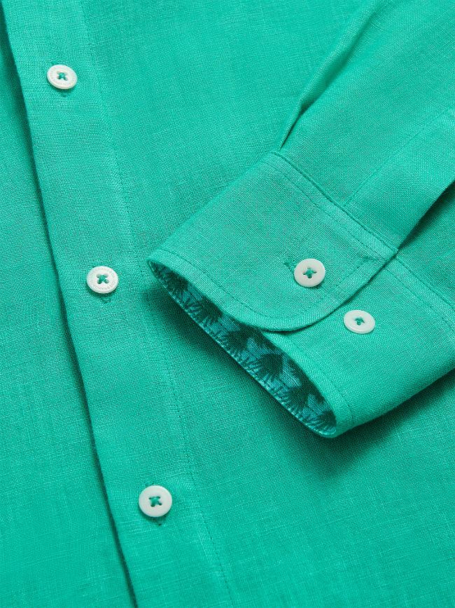 Men's Sicilian Green Maycock Linen Shirt with Buttoned Cuffs and Tropical Palm Leaves and Eagles Hidden Print.Old money shirts made from 100% linen.