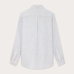 Sky Lines Abaco mens Linen Shirt back  view. Linen shirt for men with blue and white stripes.