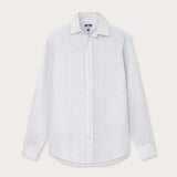 Men's Sky Lines Abaco Linen Shirt with sky blue thin lines on a white base.