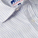 Men's Sky Lines Abaco Linen Shirt. mens linen shirt with blue and white striped detailing. 