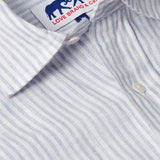 Men's Sky Lines Abaco Linen Shirt. mens linen shirt with blue and white striped detailing.