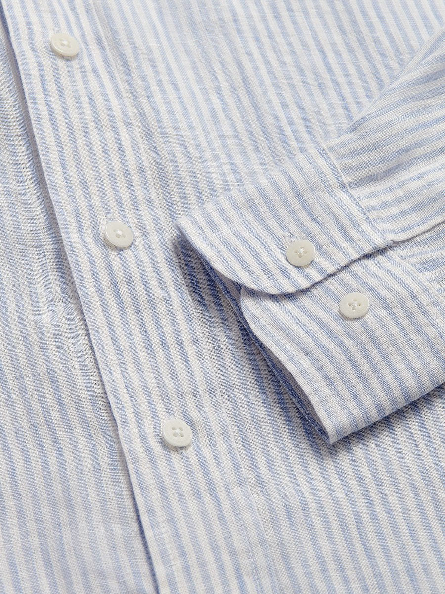 Men's Sky Lines Abaco Linen Shirt. Close-up of mens linen shirt with blue and white stripes.