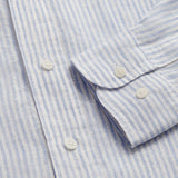 Men's Sky Lines Abaco Linen Shirt. Close-up of mens linen shirt with blue and white stripes.