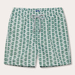 Men's swim shorts with Dolphins of Greece print in green and white, featuring a drawstring waistband.