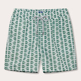 Men's swim shorts with Dolphins of Greece print in green and white, featuring a drawstring waistband.