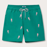Men's Smack Attack Embroidered Staniel Swim Shorts in Palm Green with pink jellyfish motif, featuring drawstring closure and side pockets, made from 100% recycled polyester.