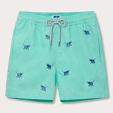 Men's Elephants Galore Embroidered Staniel Swim Shorts in Cay Green with Deep Blue embroidered elephants, featuring a drawstring waistband.