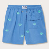 Men's Fish Fry Embroidered Staniel Swim Shorts in deep blue with an embroidered lionfish pattern, featuring a back pocket and elastic waistband.