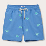 Men's Fish Fry Embroidered Staniel Swim Shorts in deep blue with embroidered lionfish pattern, showcasing sustainable fishing practices.