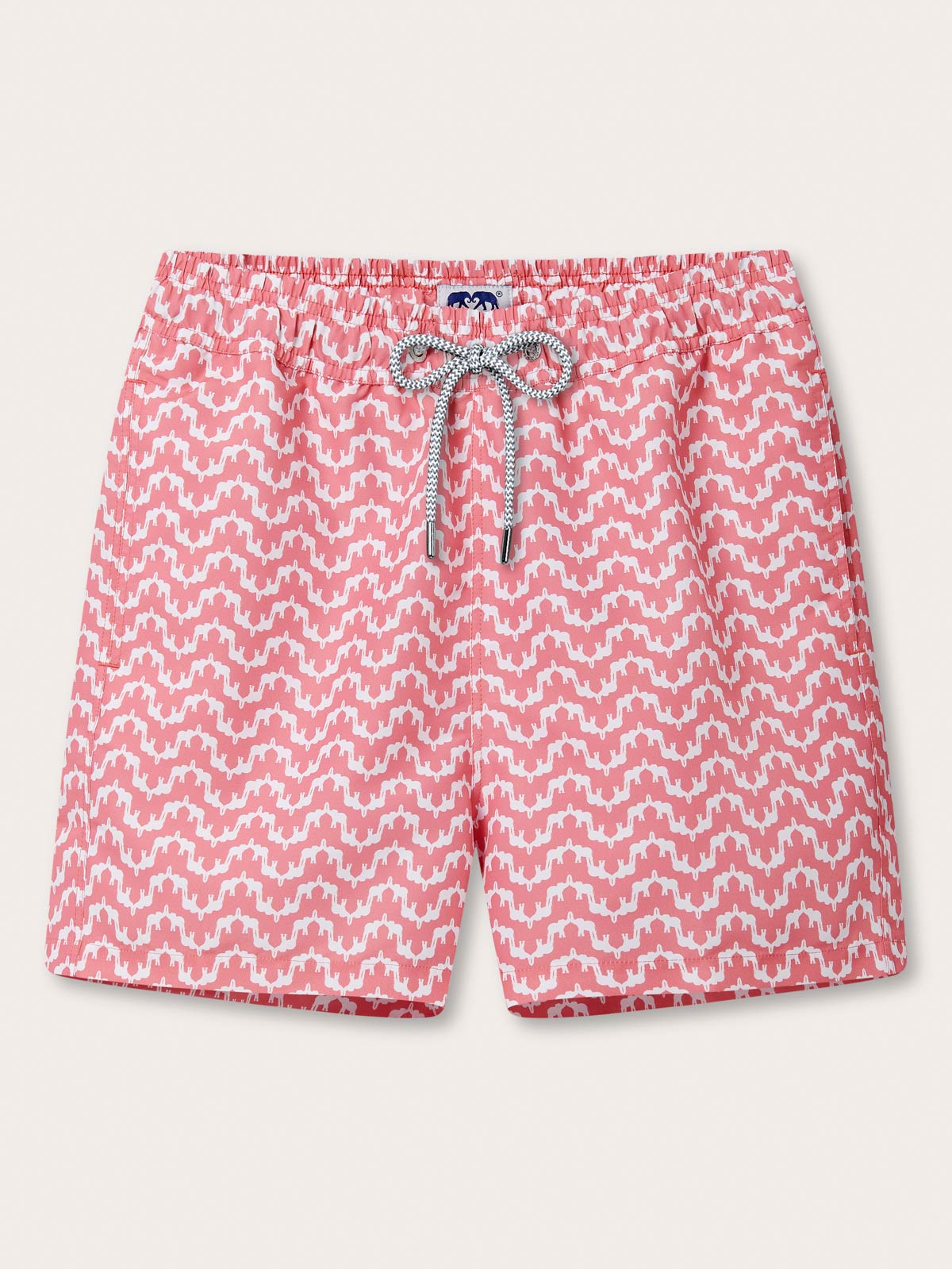 Men's Elephant Palace Strawberry Staniel Swim Shorts by love brand & co. White and pink elephant print swimming shorts with pockets and drawstring waist.