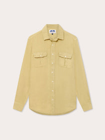 Men's Stone Andros Hemp Shirt with pleated double chest pockets and corozo nut buttons.