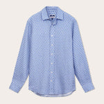 Men's The Best of the Best Abaco Linen Shirt in ocean blue with six-leaf flower rosette print.