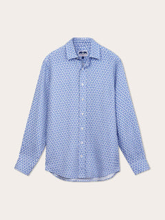 Men's The Best of the Best Abaco Linen Shirt in ocean blue with six-leaf flower rosette print.