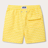 Yellow men's swim shorts with a patterned design inspired by endangered turtles. Patterned swim shorts featuring an elastic waistband and a front pocket.