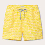 Men's Turtle Light Staniel Swim Shorts featuring a vibrant yellow pattern inspired by baby turtles. Patterned swim short highlighting the turtle nesting season and conservation efforts, with an elastic waistband and drawstring.