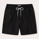 Men's Volcanic Black Staniel Swim Shorts made from 100% recycled, quick-drying fabric, featuring an elastic waistband with a drawstring.