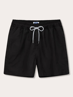 Men's Volcanic Black Staniel Swim Shorts made from 100% recycled, quick-drying fabric, featuring an elastic waistband with a drawstring.