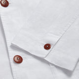 Close-up detail of the Men's White Nassau Linen Jacket showcasing corozo nut buttons and fine linen texture.