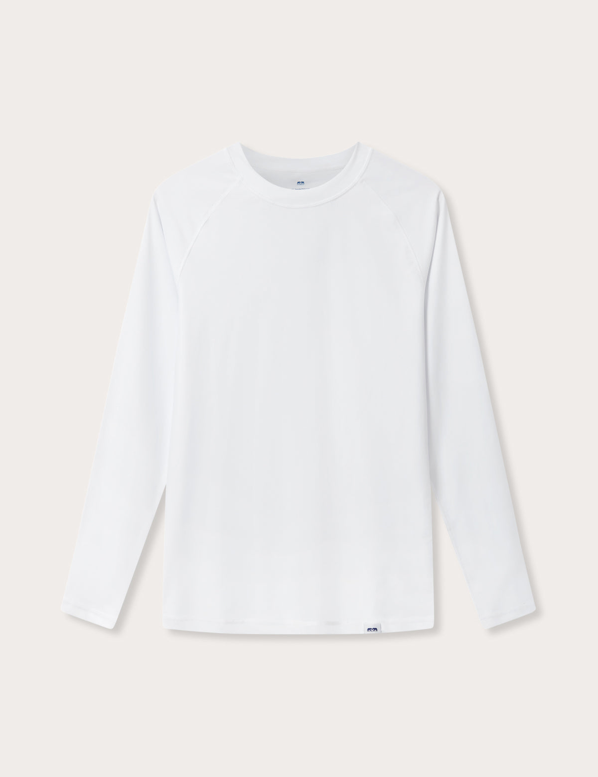 Mens white rash vest with classic rounded collar and long sleeves.