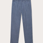 Men's Go with the Flow Eleuthera Linen Trousers with Moorish Idol fish print on deep blue base. Drawstring trouser perfect for old money styling.