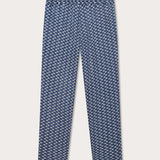 Men's Go with the Flow Eleuthera Linen Trousers with Moorish Idol fish print on deep blue base. Drawstring trouser perfect for old money styling.