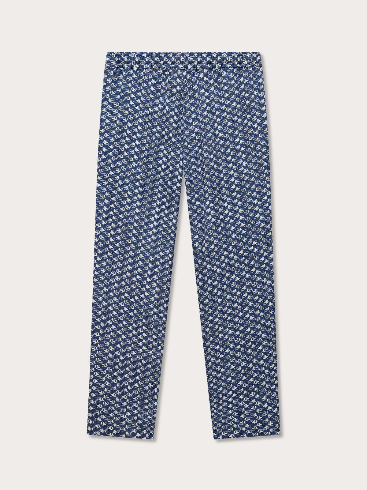 Men's Go with the Flow Eleuthera Linen Trousers with Moorish Idol fish print on deep blue base. Drawstring trouser perfect for old money styling.