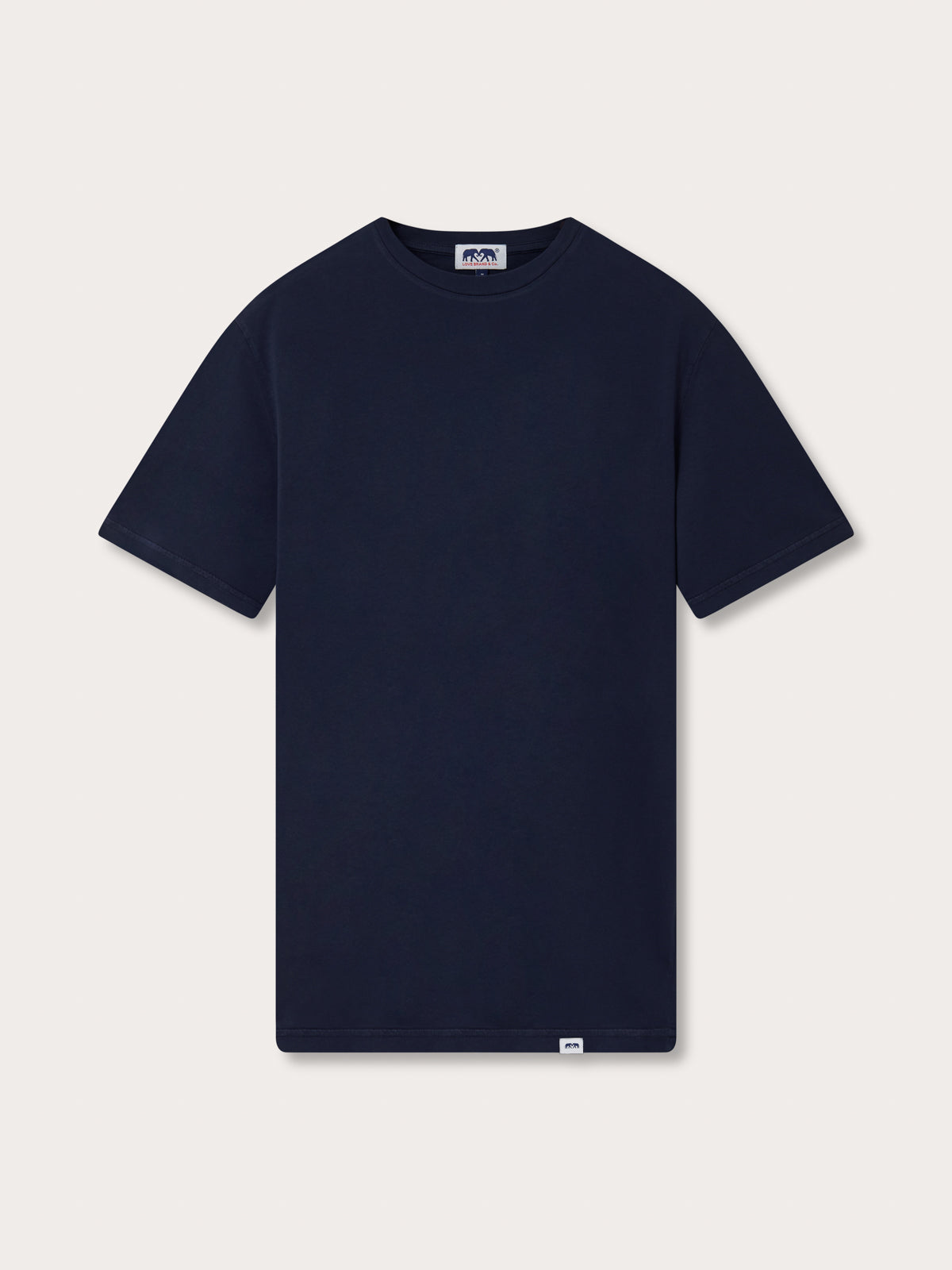 Navy blue t-shirt on a light gray background